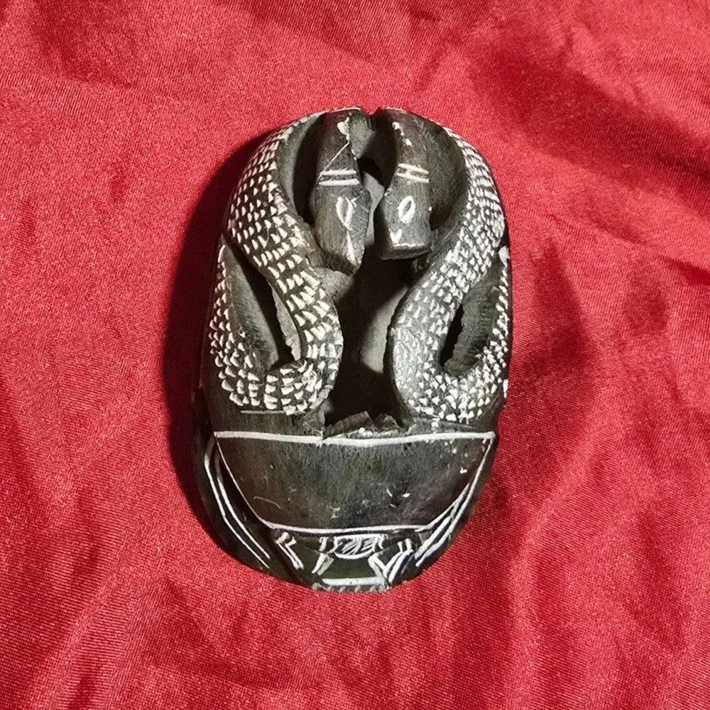 Vtg Hand Carved Soap Stone Egyptian Scarab Beetle Figurine with Snakes & Symbols